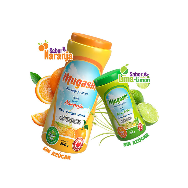 Envases de Mugasin con sabores naranja y lima-limón, fondo blanco. 