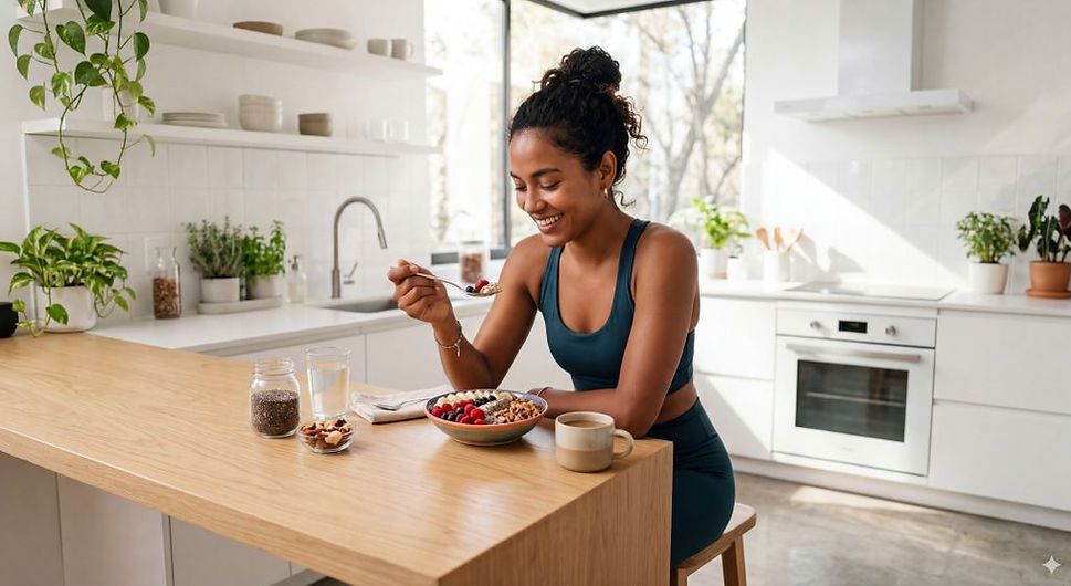 Mujer sonriente desayuna avena con frutas en cocina luminosa. 